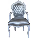 Casa Padrino Esszimmerstuhl Barock Esszimmer Stuhl mit Armlehnen Silber/Weiss Lederoptik mit Bling Bling Glitzersteinen