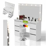 Juskys Schminktisch Lilia mit Led-spiegel & Hocker Tonia, 7 Schubladen, Licht Dimmbar, Modern & kompakt viel Stauraum, — Weiß
