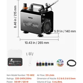 Vevor Airbrush Set 1/6 PS mit Luftkompressor, 1 Dual Action Airbrush Pistole mit 3 Düsen (0,2/0,3/0,5 mm)