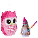 Relaxdays 2 x Pinata Eule, niedliche Tierpinata zum selbst Befüllen, Geburtstag, zum Aufhängen, Schlagpinata für Kinder, pink