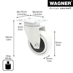 WAGNER Design - 3C Lenkrolle soft - Durchmesser Ø 75 mm, Kugellager, weiß, Tragkraft 75 kg - 01227601