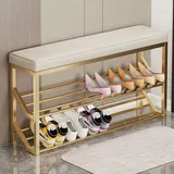 HARELA Polsterbank Schuhregal Metall mit 2 Ebenen und Sitzbank Schuhbank Schuhschrank, Aufbewahrungsbank, Schuhschrank mit großer Kapazität für den Eingangsbereich(Gold B,80cm/31.5in)