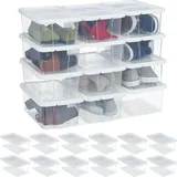 24 x Schuhbox Kunststoff, stapelbar, durchsichtige Aufbewahrungsboxen mit Deckel, HxBxT: 12,5 x20 x 34,5 cm, weiß