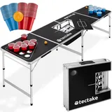 Tectake tectake® Bierpong-Tisch, aus Aluminium mit Eisfach, bodenschonende Kunststofffüße, inklusive 100 Bechern und 6 Bällen