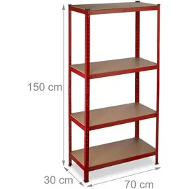 Relaxdays Schwerlastregal Stahl 150x70x30 cm rot 4 Böden