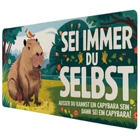 speecheese Capybara Motivation - Sei immer du selbst Schreibtischunterlage 69x31cm XXL Mauspad Lustige farbenfrohe Illustration mit Vogel Authentisch-bunter Arbeitsbereich
