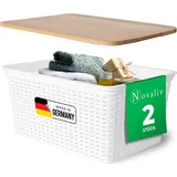 Novaliv 2er Set Eleganter Aufbewahrungskorb mit Holzdeckel in Rattan-Optik | Weiß Lebensmittelecht Kunststoff 14L – Perfekt für Bad & Kleidungs...