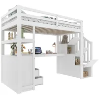 SOFTWEARY Hochbett mit Lattenrost, Schreibtisch und Stauraum, 90x200 cm Kinderbett mit Rausfallschutz, Kiefer weiß