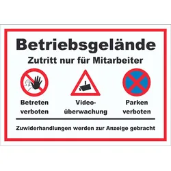Schild Betriebsgelände Mitarbeiter Betreten Video Parken A3 (297x420mm)
