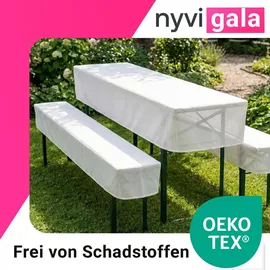 nyvi Biertischhussen Set NYVIGala Weiß - 3-teiliges Hussen-Set für Bierzeltgarnitur - Tischhusse für 220x25 cm Sitzbänke - Weiß