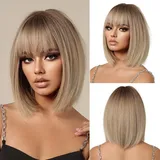 OUFEI Ombre Blonde Bob Perücke mit Pony Kurz Gerade Perücke für Frauen Synthetisches Haar Perücken Cosplay Täglich Party Gebrauch