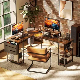 Homcom L-förmiger Schreibtisch 168 x 120 cm Eckschreibtisch mit Ablagefächern, Aufbewahrungstasche Umkehrbar, Rustikal-Braun - Braun