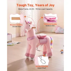 Vevor Reitpferd auf Rollen 80cm, 50kg Belastbares Stehpferd mit Soundfunktion, Spielpferd mit Erhöhtem Sitz Griffen Pedalen, Rosa Einhorn mit Regenbogenmähne zum Reiten für Kinder Mädchen 3-8 Jahren