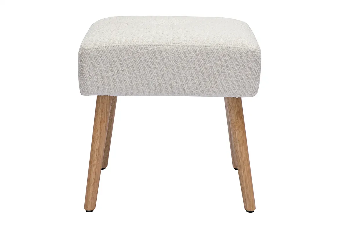 Tabouret bas en tissu effet laine bouclée blanc et bois clair massif H46 cm GUESTA