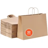 Vevor Kraftpapiertüten, 50er-Pack, Geschenktüten mit Henkel, 406x152x308 mm, große Einkaufstüten, Papiertragetaschen, Krafttaschen für Geburtstage, Hochzeiten, Einkäufe, Geschenke, braun