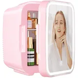 YASHE Mini-Kühlschrank für Schlafzimmer, Skincare mit LED-Spiegel, kleiner Kühlschrank, 4 l, tragbar, Thermoelektrisch, Heizung & Kühler, 220 V AC/12 V DC, für Auto, Büro, Schlafsaal (Rosa)