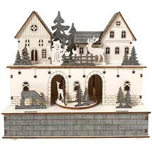 Hti-Living Weihnachtshaus 0,24 m grau/weiß mit beweglichen Figuren und Beleuchtung