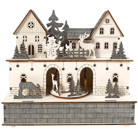 Hti-Living Weihnachtshaus 0,24 m grau/weiß mit beweglichen Figuren und Beleuchtung
