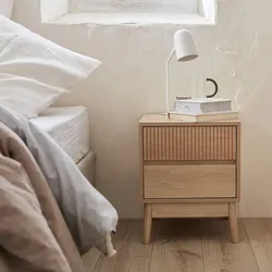 Nachttisch mit zwei Schubladen, Holzdekor und Gestell aus Kiefer - Linear