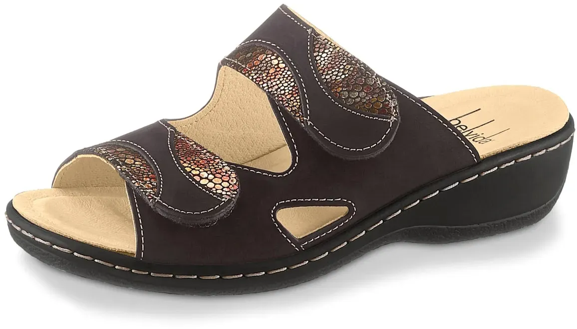 Pantolette BELVIDA, Damen, Gr. 41, gold (schwarz, goldfarben), Nubukleder, Schuhe Pantolette