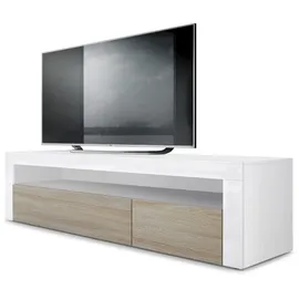 Vladon Lowboard Valencia (TV-Kommode, ​mit 1 offenem Fach und 2 Klappen), Weiß matt/Eiche sägerau/Weiß Hochglanz (155 x 46 x 40 cm) braun|weiß