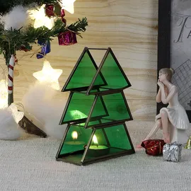 Marrakesch Orient & Mediterran Interior Teelichthalter Christbaum 17cm Grün aus Glas als Weihnachtsdeko Finse