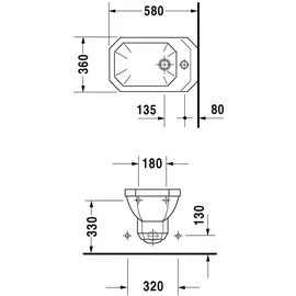 Duravit 1930 Wand-Bidet mit Überlauf, mit Hahnlochbank, 0266100000
