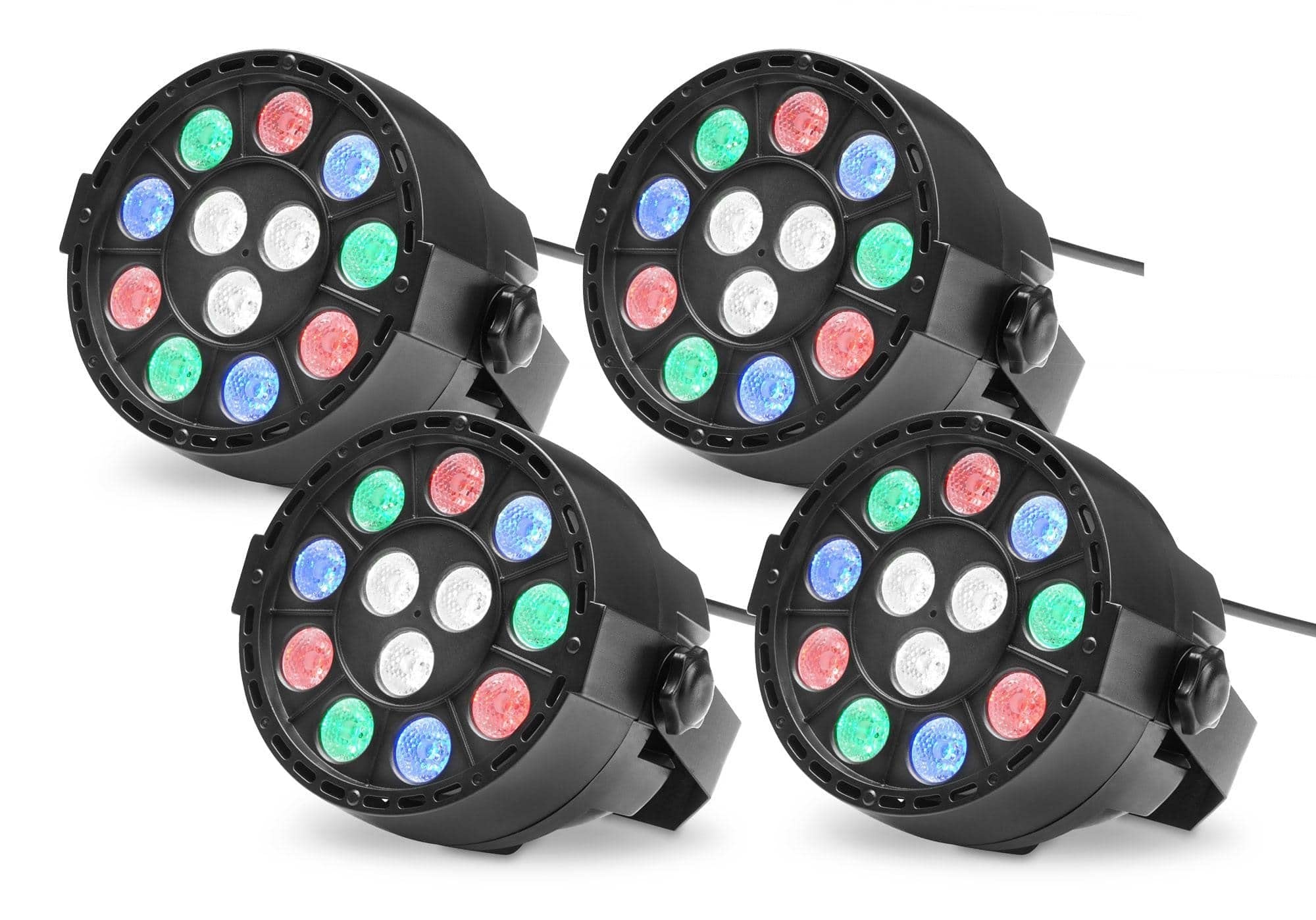 4x Showlite SPS-121 LED Smart Party Spot (3 rote, 3 grüne, 3 blaue und 3 weiße LEDs mit je 1 Watt Leistung, DMX-Betrieb möglich, klein, kompakt & leistungsstark, leiser Lüfter) Schwarz
