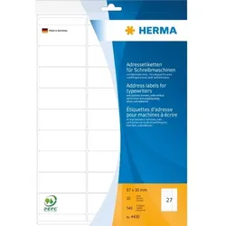 HERMA Adressetiketten für Schreibmaschinen 67 x 30 mm, 540 Etiketten, weiß, permanent haftend, 27 Stück/Blatt, DIN A4