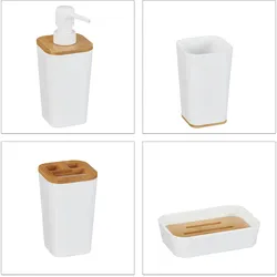 Relaxdays Badaccessoires Set, 4 teilig, modern, Zahnputzbecher, Seifenschale & Seifenspender, Kunststoff & Bambus, weiß