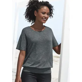 VIVANCE Kurzarmshirt "mit breitem Bund", Damen, Gr. 36/38, grün (graugrün, schwarz), Feinstrick, Obermaterial: 55% Polyester (REPREVE), 43% Viskose, 2% Elasthan, meliert, bequem normal, Rundhals, Shirts, aus luftigem Viskose-Feinstrick