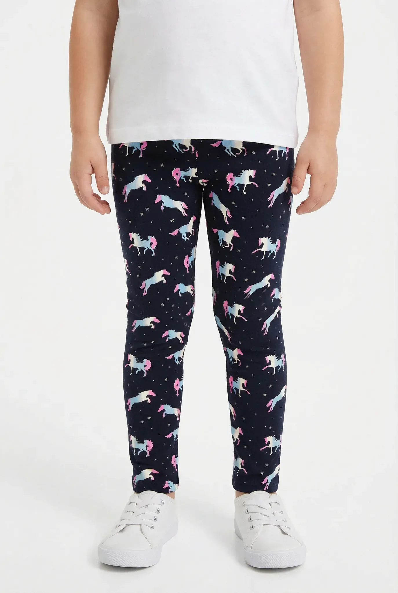 Strickleggings HAPPY GIRLS, Mädchen, Gr. 134, N-Gr, blau (navy), Feinstrick, Obermaterial: 60% Polyester, 35% Baumwolle, 5% Elasthan, bedruckt, slim fit normal, Hosen Strickleggings, für kleine Pferde-Fans