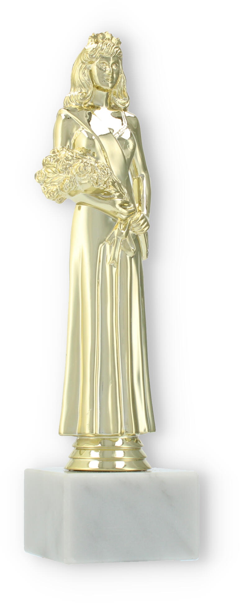 Pokal Kunststofffigur Schönheitskönigin gold auf weißem Marmorsockel 24,7cm