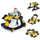 COSTWAY 4 in 1 Lauflernhilfe, Lauflernwagen klappbar mit einstellbarer Höhe & Geschwindigkeit, Baby Walker Autoförmig mit Musikbox, Licht & Rädern, Gehfrei Baby ab 6 Monaten, 12kg Belastbar (Gelb)