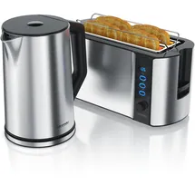 Arendo 2-teiliges Frühstücksset, Edelstahl Wasserkocher 2200W, 4-Scheiben Langschlitz Toaster, Silber