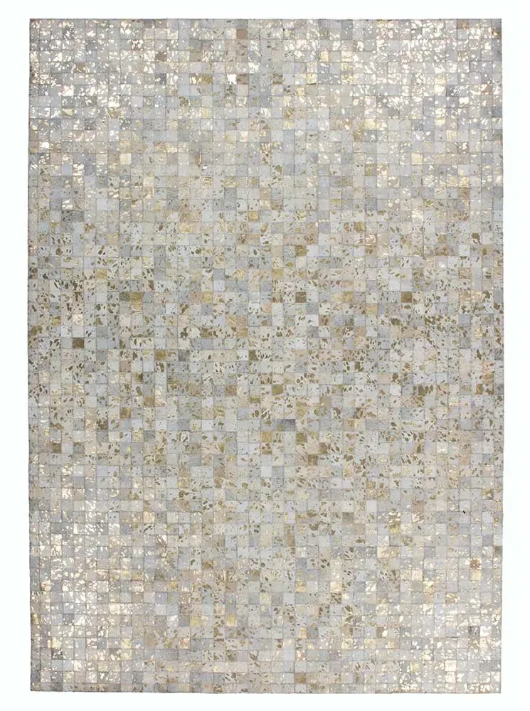 Patchwork Teppich in Creme Weiß und Goldfarben Echtfell