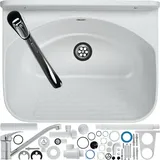 GOSPO Ausgussbecken mit drehbarer Armatur, Siphon, Waschbecken 46 x 36 x 20 cm, Waschraum für Garage, Waschtrog, Keller, Wandmontage, in Platte, Spülbecken inkl. Zubehör (weiß)