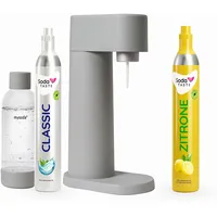 Sparpaket: Mysoda Woody - Wassersprudler aus erneuerbarem Holzkomposit mit 1L BPA-freier Plastikflasche, CO2-Zylinder Classic + CO2-Zylinder Zitrone (Grau)