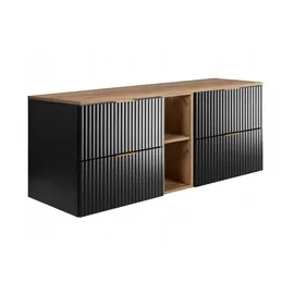 rodan fabryka mebli Rodan Waschbeckenunterschrank 140 cm Schwarz Matt mit Brauner Ablage Und Waschtischplatte, 46 x 140 x 57 Cm, Feuchtraumgeeignet