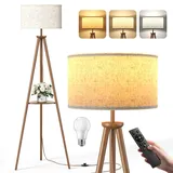 Dreibein Stehlampe Wohnzimmer mit Regal - 12W Holz LED Dimmbar Stehende Lampe mit Fernbedienung & E27 Lampe, Stehend Leselampe für Schlafzimmer, Büro, Dunkelbraun – Dreieckiges Regal