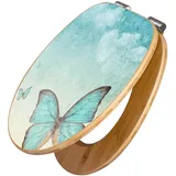 Banjado Design WC Sitz Bambus Holz Toilettendeckel Mit Absenkautomatik Klodeckel WC-Sitz Soft Close Mit Motiv Blaue Schmetterlinge