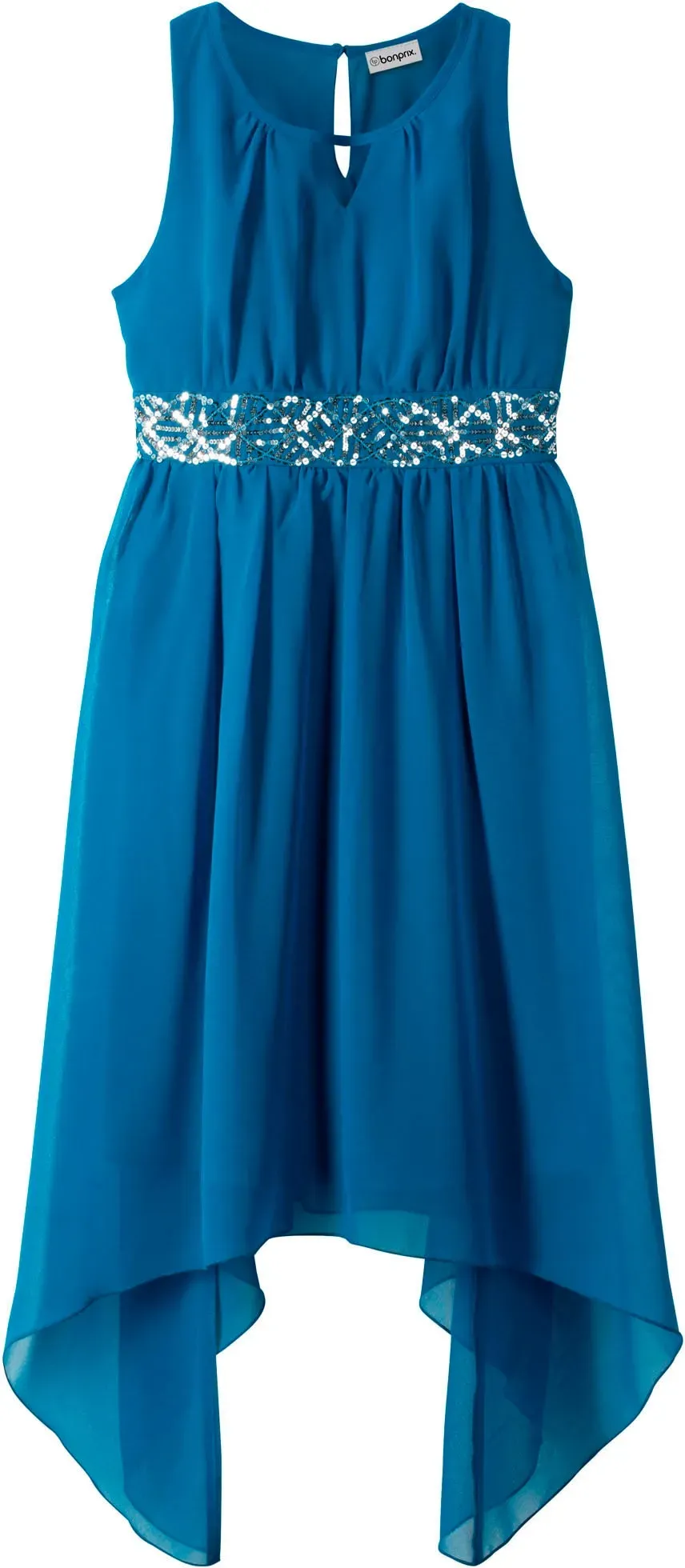 Chiffonkleid BONPRIX, Mädchen, Gr. 146, N-Gr, blau (atlantikblau), Obermaterial: 100% Polyester. Futter: 100% Polyester, unifarben, festlich, regular fit, Rundhals, Kleider Chiffonkleid, für festliche Anlässe, ärmellos, Regular Fit