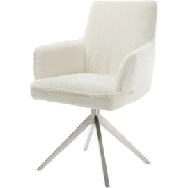 DeLife Drehstuhl Heira-Flex mit Armlehnen Bouclé Weiß Kreuzgestell breit Edelstahl 360° drehbar Wippfunktion Taschenfederkern, Esszimmerstühle