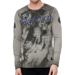 Herren Longsleeve mit großem Schriftzug Baumwoll-Langarm-Shirt Sommer-Pullover Freizeit-Shirt R-10155 Dunkelgrau - S