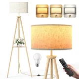 Dreibein Stehlampe Wohnzimmer mit Regal - 12W Holz LED Dimmbar Stehende Lampe mit Fernbedienung & E27 Lampe, Stehend Leselampe für Schlafzimmer, Büro, Hellbraun – Dreieckiges Regal