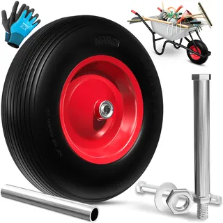 Masko MASKO® PU Schubkarrenrad Vollgummi 200 kg pannensicher 4.80/4.00-8 Ø 390mm inkl. Achse Ersatzrad Gummirad Stahlfelge Reifen pannensicher für Schubkarre Gartenkarren pannensicheres PU Rad