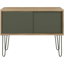 Bisley MultiRange Sideboard in Nussbaum-Olivgrün - Büroschrank mit Schiebetüren 100cm breit, Retro-Design Kommode aus Holz & Metall, Schrank für