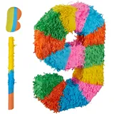 Relaxdays Pinata Zahl 9, Regenbogenpinata Geburtstag, HBT: 50,5 x 35,5 x 7,5 cm, Partypinata Kinder, zum Befüllen, bunt