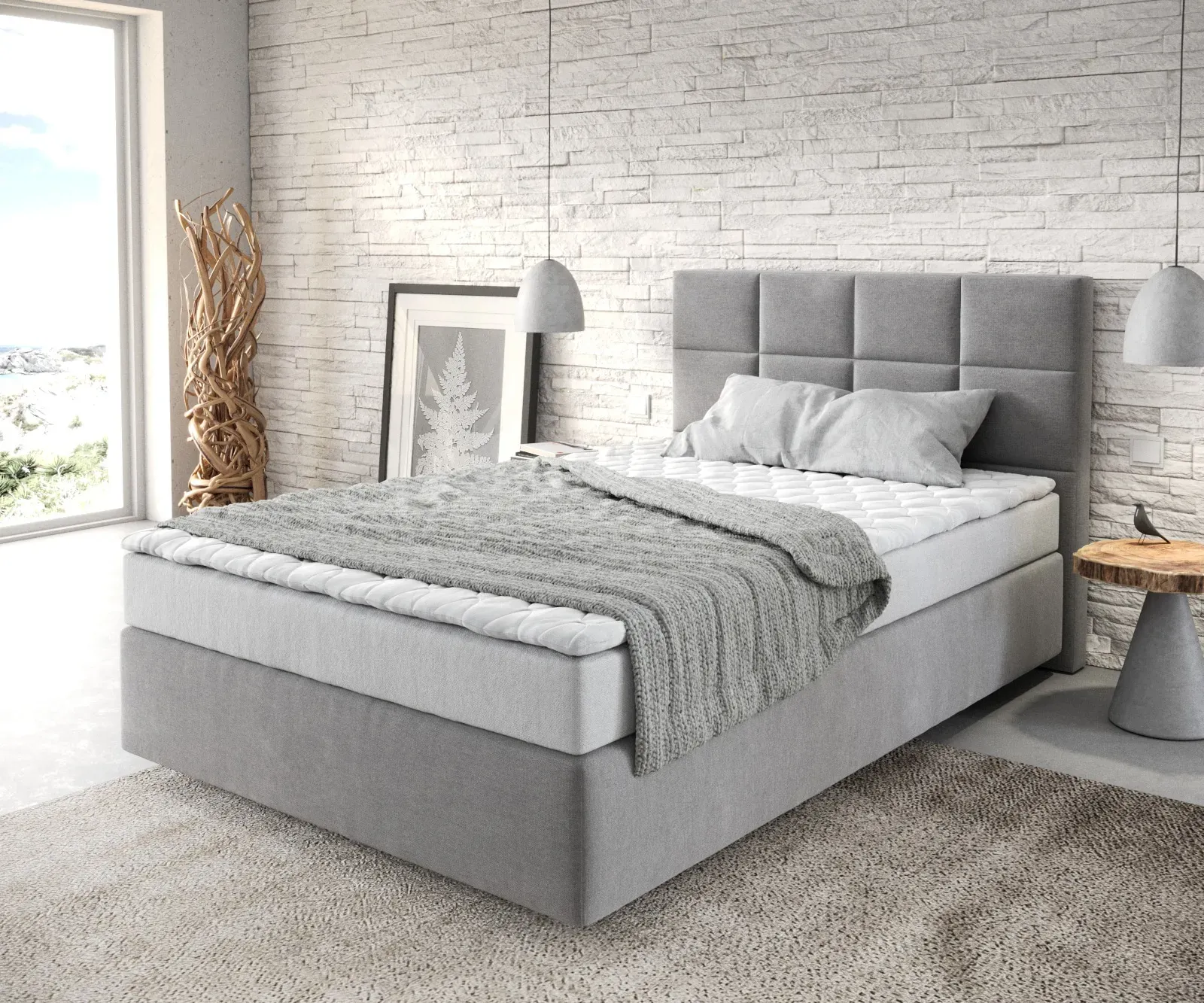 DELIFE Lit-à-sommier-tapissier Dream-Fine 120x200 Microfibre Gris avec matelas et surmatelas, Lits à sommier tapissier