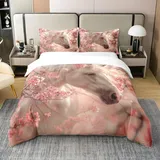 Weißes Pferd 100% Baumwolle Bettbezug 155x220,Rosa Blüten 3D Tier Tröster Bezug,Vintage Blumen Natürliche Bettwäsche Abdeckung,Wildlife Safari Pastoral Frühling Bettbezug
